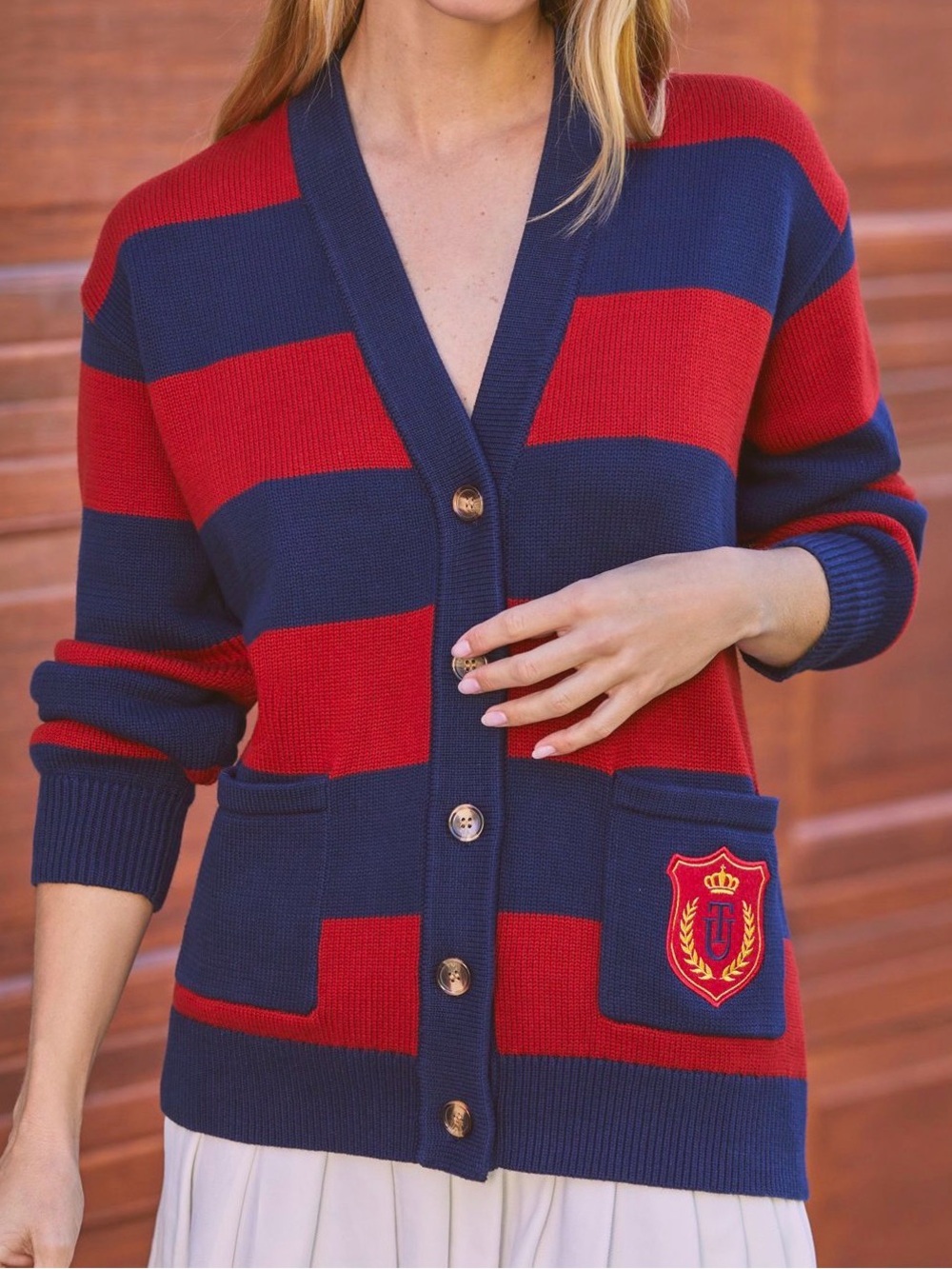 The Upside Roosevelt Striped Navy and Red V-Neck Cardigan Sweater